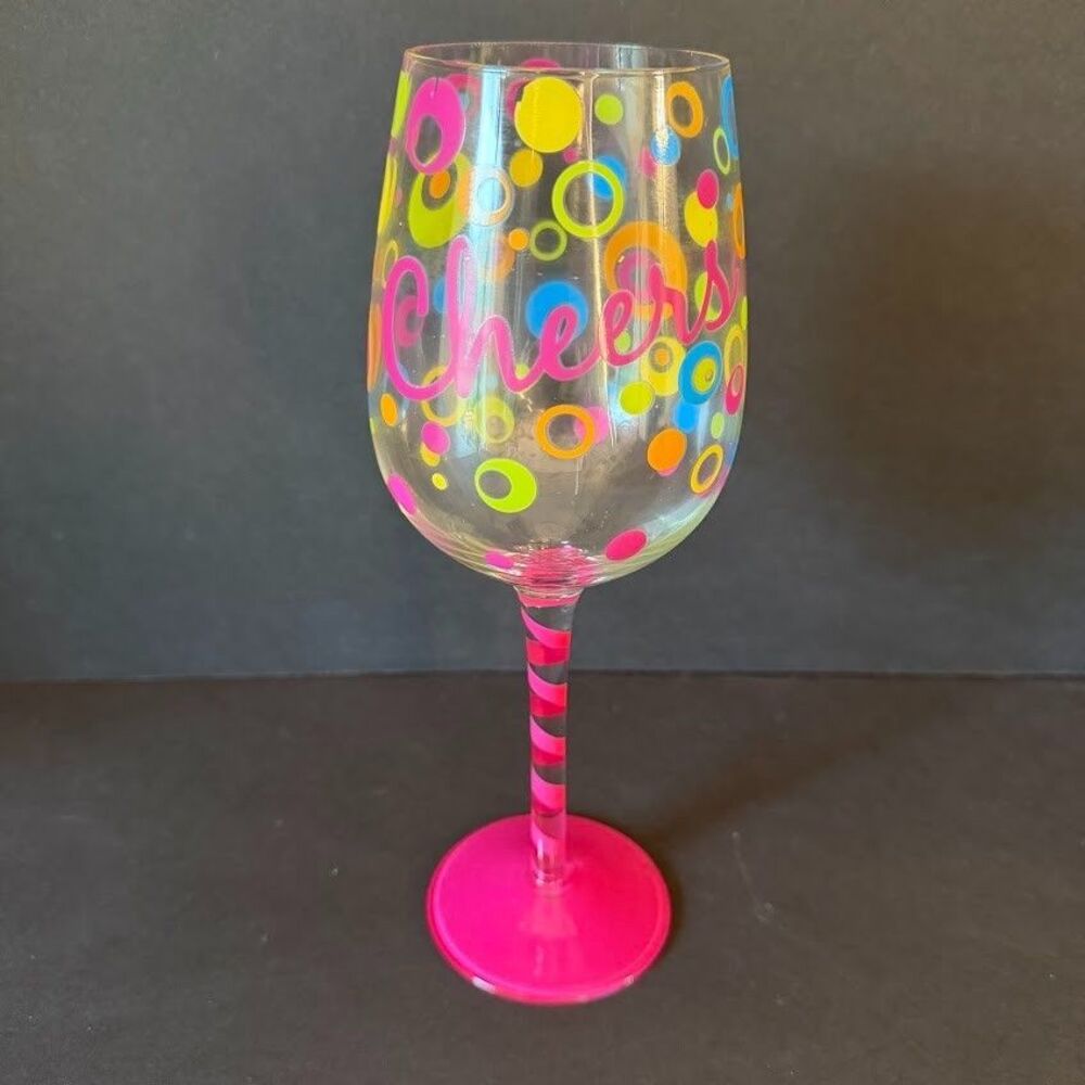 "Cheers" Colorful 15oz Hand-Painted Novelty Wine Glass, New